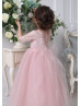 Elbow Sleeve Blush Pink Lace Tulle Flower Girl Dress Elbow Sleeve Blush Pink Lace Tulle Flower Girl Dress